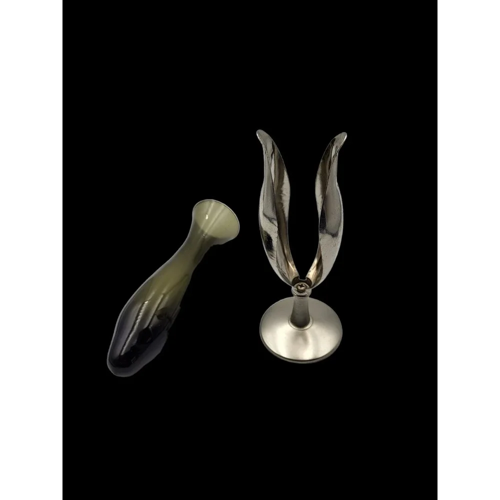 Vintage Rosalco Silver Plated Flower Smokey Glass Flute Tube Insert‎ Bud Vase